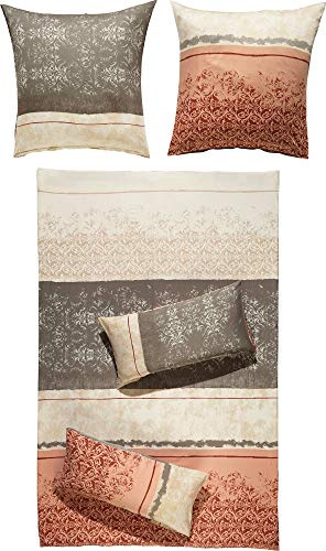 Erwin Müller Bettwäsche, Bettgarnitur Mako-Satin Ornamente rot-Kiesel-beige Größe 40x80 cm / 200x220 cm - feinste Baumwolle, angenehmes Schlafklima, mit praktischem Reißverschluss