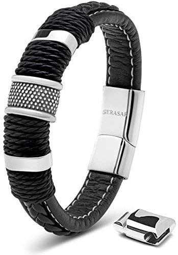 SERASAR Armbänder Herren Silber 23cm Männer Armband Leder Armreif Lederband Herrenarmreif Armschmuck Schmuck Flecht Wickelarmband Kette Leather Bracelet