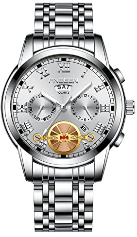JewelryWe Herrenuhr Edelstahl Quarz Analog Armbanduhr 30M Wasserdicht Römische Ziffern Zifferblatt Uhr mit Woche Datum Kalender und Leuchtend Zeiger Vatertagsgeschenk, Silber