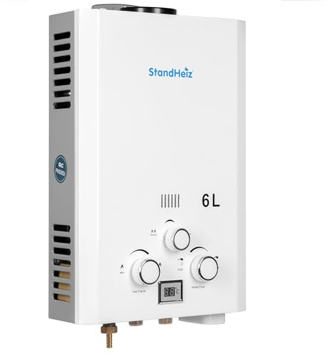 Durchlauferhitzer 6L, 12 kW Propan Butan Gas LPG Boiler – tragbarer Warmwasserbereiter für Außendusche, Garten, Camping, Wohnmobil & Sommerhaus, Sofort-Heißwasser, stufenlose Temperaturregelung