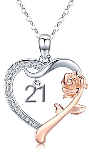 21st Birthday Necklace Personalized 925 Sterling Silver Rose Heart Necklace Initial Birthday Anniversary Jewellery Gifts for Women Daughter Girlfriend