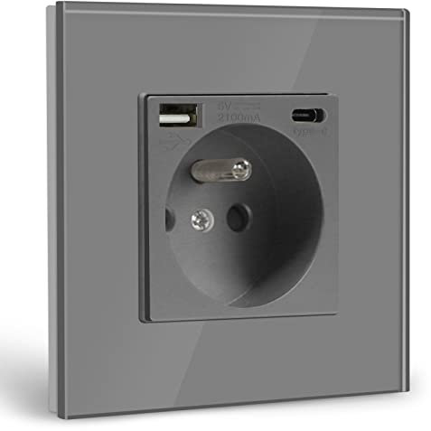 BSEED Prise Murale avec USB et 1 Type C,16A Prise de Courant Alternatif avec Panneau en Verre,Multiprise Murale Max 2.1A,Convient au Smartphone, à la Tablette (1 Prise avec USB et Type C,Gris)