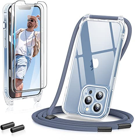 GOODVISH 3 in 1 Handykette für iPhone 13 Pro Max 6,7, mit 2 Stück Schutzfolie | 360°-Schutz | Kameraschutz | Necklace Hülle mit Band Handyhülle für zum Umhängen | Transparent Case mit Schnur - Blau