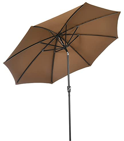 Outsunny Sombrilla de Jardín Ø300x252 cm Parasol de Terraza con Manivela Techo Inclinable y 8 Varillas de Metal para Patio Balcón Exterior Marrón