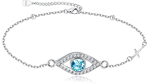 Sllaiss Bracelet de cheville mauvais œil - En argent sterling 925 - Pour femme - Chaîne à billes - Chaîne réglable - Oxyde de zirconium - Pour l'été et la plage, 23 centimeters, Argent sterling, Oxyde