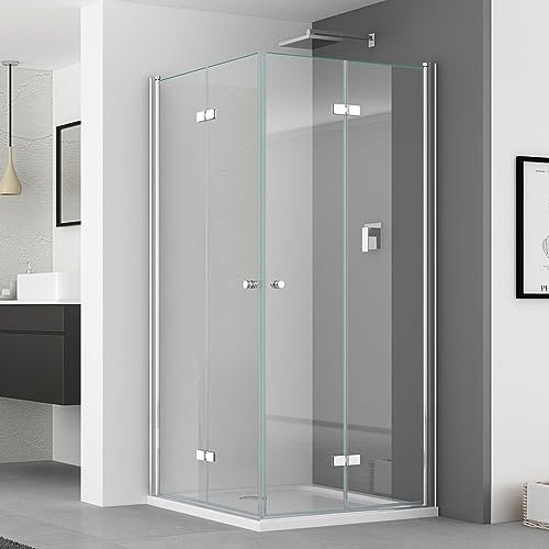 IMPTS Duschkabine faltbar Eckeinstieg 90x100 cm Doppel Duschtür Falttüren Falttürkabine 6mm Sicherheitsglas 185cm Höhe,INKL Duschwanne & Ablauf