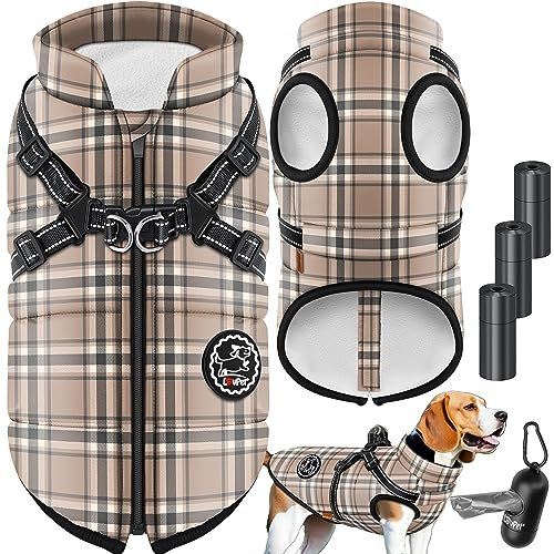 LOVPET® Hundejacke Hundemantel mit Geschirr, inkl. 45 Stück Kotbeutel + Spender, Hunde Winterweste gefüttert wasserdicht, Gepolsterte Weste Mit Brustgurt, Reflektoren, D-Ring XL, Beige