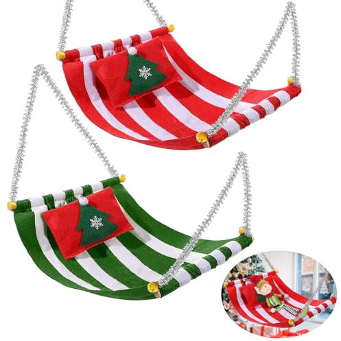EKKONG 2 Stück Weihnachtselfen Hängematte Elfenpuppen Zubehör Weihnachtselfe Hammock in Grün und Rot für Lustiges Elfenpuppen-Ornament