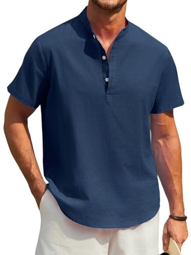 Enlision Mens Shirts Short Sleeve Cotton Linen Shirt Collarless Button Down Summer Navy Blue Henley Shirt Casual Business Holiday Grandad Shirt Tops S