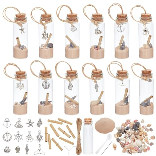 WEBEEDY 12 Sets DIY Glass Bottle Beach Ornaments Nautical Ocean Message Bottles Hanging Message in a Bottle Kit Glass Wish Jar for Beach Party Christmas Wedding Home Office Decor