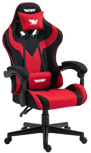 MUWO MystiX E-Sports Gamingstuhl, mit Verstellbarer Sitzhöhe und Rückenlehne, mit abnehmbarem Kopfkissen mit Stoffbezug, 5 Rollen und 360° drehbarer Computerstuhl (MystiX Rot)