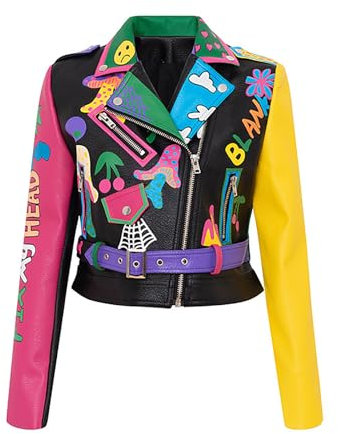 Rock88 Frühling Herbst Lederjacke Frauen Gürtel Schlanke Revers Kurz Mantel Graffiti Motorrad Tragen Dünne Moto Biker Outwear Streetwear,Black,S(Bust:86cm)
