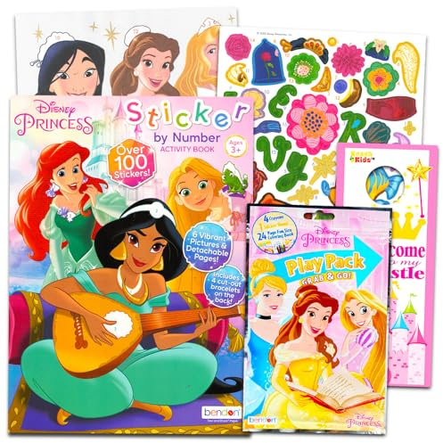 Disney Prinzessin Aufkleber nach Zahlen Buch-Set für Mädchen – Prinzessinnen-Aktivitäts-Sticker-Buch Bündel mit Disney Aufkleber Mosaikbuch Malvorlagen mehr | Disney Prinzessinnen-Aktivitätsbuch für