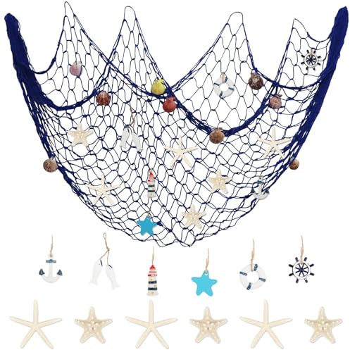 DETENE 22 Pcs Fischernetz Dekoration mit Muscheln 2M*1.5M Nautisches Fischernetz Partydekorationen Fischernetz Wand Dekoration Maritime Deko für Strandpartys Hochzeiten Fotografie Wanddekoration(blau)
