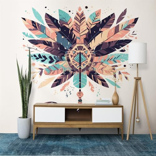 Papier Peint Intissé Motif de Plumes Ethniques, Papier Peint Photo HD Fresque Murale Coloré pour Salon Chambre Cuisine Restaurant 250 x 175 cm (L x H) Décoration Murale Fresque