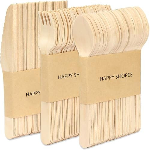 HAPPY SHOPEE® 150 PCS Disposable Cutlery | Premium Quality 50 Spoon,50 Forks,50 Knives for Outdoor, Party & More- Wooden Cutlery Birchwood