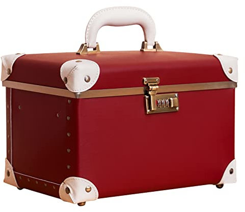 urecity Vintage Leder Kosmetikkoffer mit Spiegel - Hartschale Schminkkoffer für Damen, Reise Make-up Case mit Zahlenschloss & Großer Stauraum (Retro Design) (Rot Mit Weiß, Medium (Length: 13))