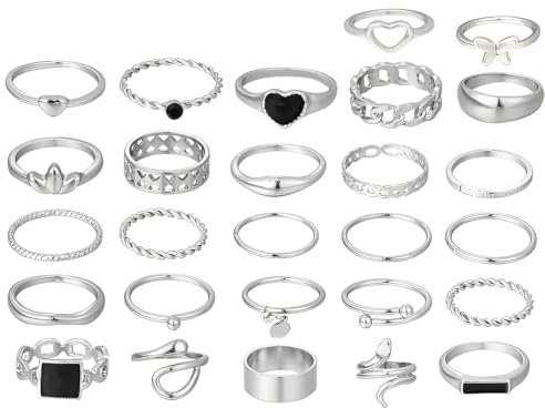 WBZOWRB 27 Stück Ringe Set, Ringe Frauen, PUNK Verstellbare Finger Ringe Offene Knoten,Y2K Verschiedene Stapelbare Gelenkschwanz Strand Schmetterlings Herz Schmuck Für Frauen,Mädchen(Silber)