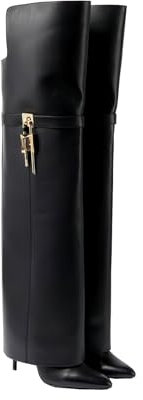 THOYBMO Tacchi Alti High Heels Stivali Ripiegabili Donna Stivali Ginocchio Punta Spillo Décolleté Pelle Slip On Scarpe Eleganti Festa,Black,39