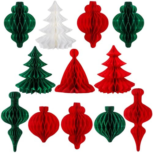12 Pieces Christmas Decorations Table Decoration,Christmas Tree Decorations, Paper Vintage Christmas Ceiling Decorations, Reusable Hanging Honeycomb Set for Christmas Ceiling Decorations