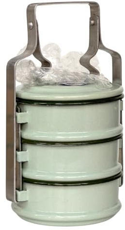 UNCLEJUM Thai Enamel Food Carrier Container 3 Tier, Lunch box Tiffin box 20cm Picnic box, For on-the-go meals (Light green)