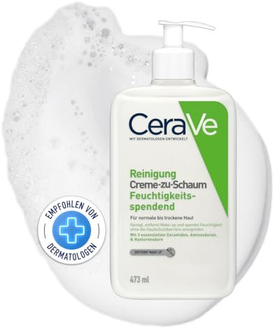 CeraVe Creme-zu-Schaum Reinigung, Feuchtigkeitsspendende Reinigungscreme, Für normale bis trockene Haut, Entfernt Schmutz und Make-up, Mit Hyaluron und Ceramiden, 473 ml