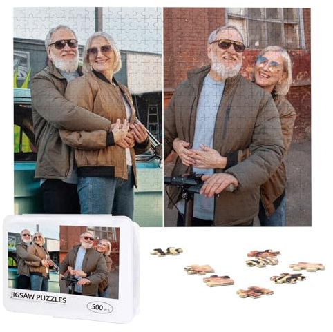 Personalised Jigsaw Add 1 to 10 Photos Custom Wooden Puzzles Picture Name Text Customised Puzzle Frame 300, 500, 1000 Pieces Birthday, Wedding, Graduation for Women Men, 2 Images, 500pcs