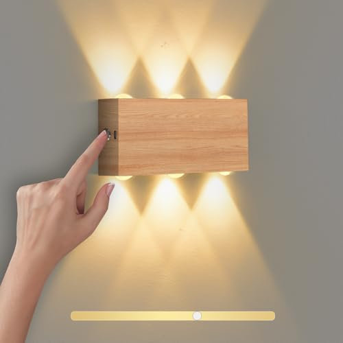 VOMI Akku Wandleuchte Innen Dimmbar, LED Kabellos Wandlampe Ohne Stromanschluss mit Touch Schalter 4000mAh Batterie 6W Aufladbar Magnetisch Wandbeleuchtung für Schlafzimmer, Holzkorn Aluminium