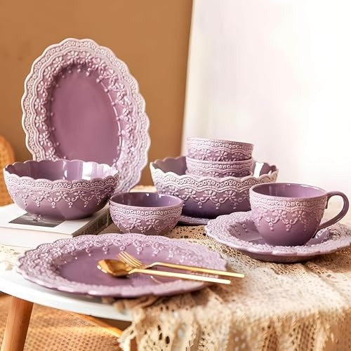 Piatti Eleganti Set Viola Con Piatti Piani In Ceramica Goffrata Stile Palazzo, Set Di Piatti Raffinato Per Occasioni Speciali (23 Piece For 6 Person)