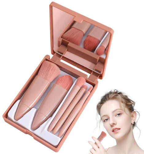 Travel Size Makeup Brushes Set with Case and Built-in Mirror, 5-Piece Portable Cosmetic Brush Kit for Women, Girls, and Teens – Ideal for On-the-Go and Travel Essentials