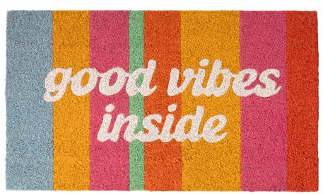 Fisura – Fußmatte Good Vibes Inside“ aus Kokosfaser mit Rutschfester PVC-Unterseite. Handbemalte, Bunte Türmatte mit fröhlicher Botschaft. Maße: 70 cm x 40 cm.