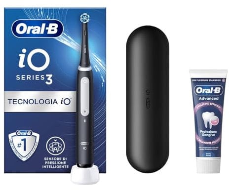 Oral-B Wiederaufladbare elektrische Zahnbürste iO 3 Schwarz, 1 elektrische Zahnbürste, 1 Ersatzkopf, Reiseetui + Zahnpasta Oral-B Advanced Zahnfleischschutz, effektive Zahnreinigung