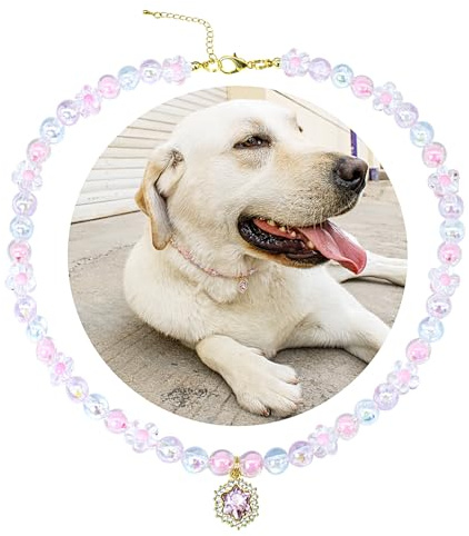 SM4BED Hundehalsband, Perlenkette, rosa Blumenperlen mit glänzenden Strass-Diamanten, verstellbarer Haustierschmuck für große Hunde, XXL, 50,5 cm