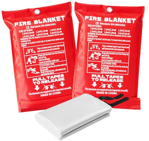 ASOFTY 2 Stück Feuerlöschdecke 1,2 x 1,2 m, Löschdecke für Küche und Haushalt, Glasfaser Brandschutzdecke für Fettbrand, Flammhemmend und Wärmeisolierend, Feuerdecke für Notfälle, Küche, Auto, Camping