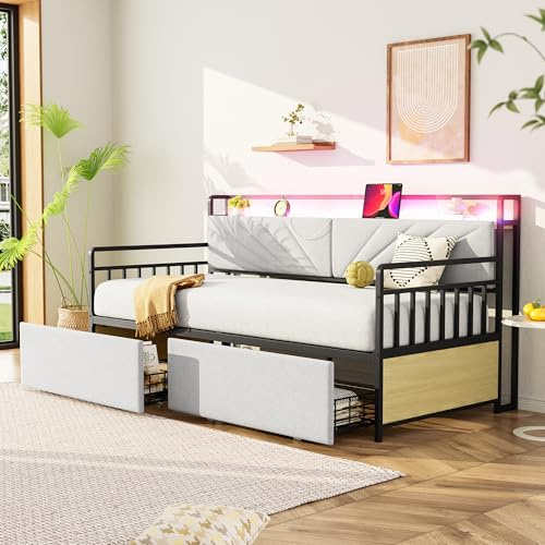 LAKFEW Schlafsofa Kinderbett 90x200 mit LED-Licht und USB-Buchse, Schlafcouch Bett mit Stauraum Schubladen, Tagesbett Jugendbett mit Lattenrost, Schlafzimmer Möbel, Ohne Matratze, Beige