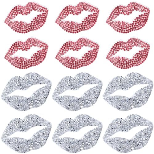 GORGECRAFT 12 Stück 2 Farben Strass Lippen Zum Aufbügeln Silberroter Kuss Kristallstickerei Aufnäher Diamanten Bestickte Hotfix Applikation Für T Shirt Kleidung Jacke Hut Tasche Rucksack Dekoration