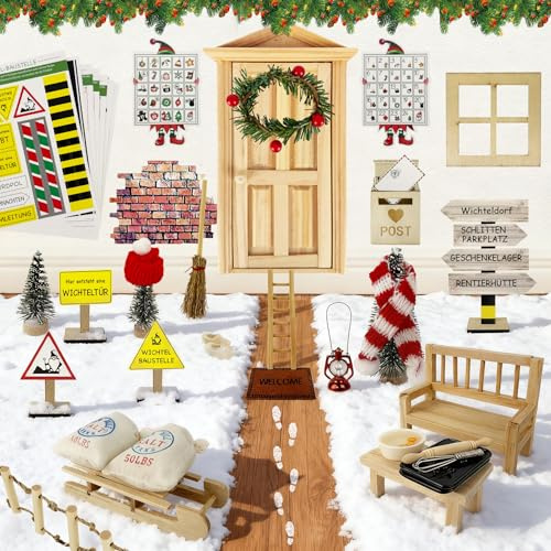 HUTRADE 61 PCS Lutin Farceur De Noël Kit Complet avec Porte Magique en Bois Et Accessoires Miniatures pour Décorations Festives Personnalisées, Idéal pour Cadeau Enfant