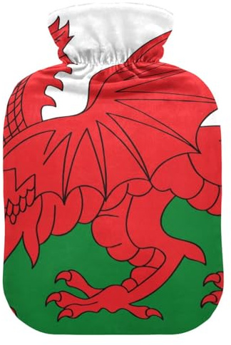 Wales Flag Welsh National Dragon hot Water Bottle with Soft Cover, 2L Warmer Bag for Period Cramps, Period Cramps, Period Cramps