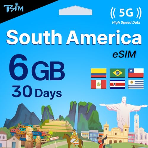 TSIM Südamerika eSIM | 30 Tage | 6 GB 5G/4G | Hotspot erlaubt | Funktioniert in Brasilien, Chile, Kolumbien, Peru, Uruguay & Costa Rica | Aktivierung in 24 Std | 5G-Netz mit hoher Abdeckung.