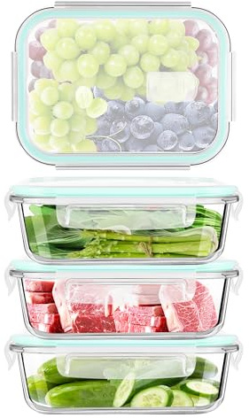 Gcirn Glass Food Storage Containers with Lids of 640ML*4, BPA-Free Meal Prep Containers,Glass Lunch Box，Food Containers with Blue Lids