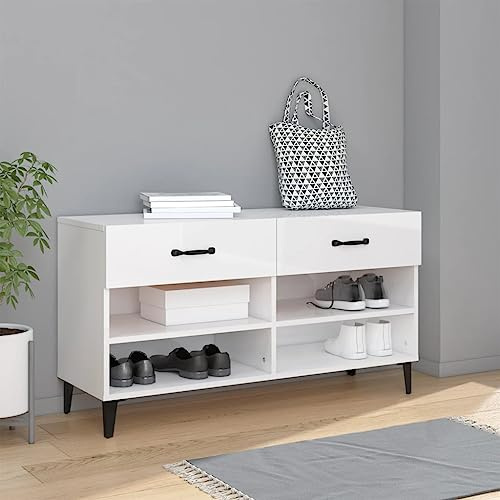 HaoChrymec Schuhschrank Hochglanz-Weiß, Holzwerkstoff, 2 Schubladen, 4 Fächer, für Schuhaufbewahrung, Schuhschrank Flur, Dielen- & Flurmöbel, 102 x 35 x 55 cm