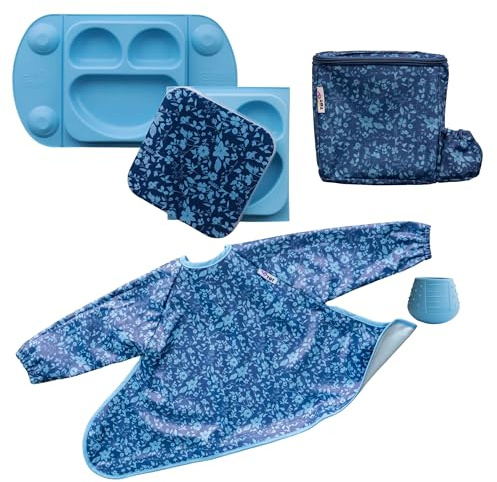 Tidy Tot EasyMat-Teller, Tasse Dinky Cup und Lätzchen Cover & Catch Bib mit Lunchbag – Gartenblume blau