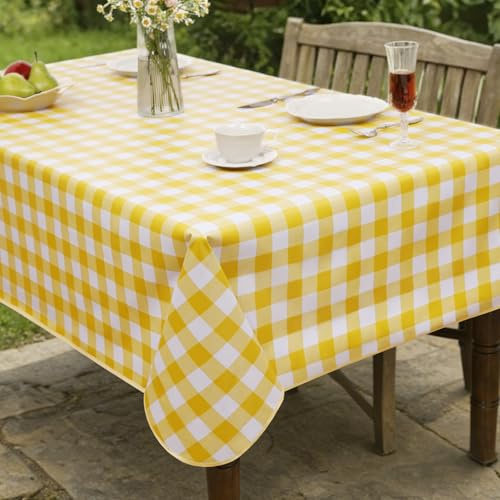 FIBORIA Yellow Check Outdoor Table Cloth Waterproof Vinyl Wipe Clean Rectangular 140×200 cm Table Cover Oilcloth for Garden Dining,Patio Brunch,Balcony Meals,Spring Easter Decor,Summer Camping