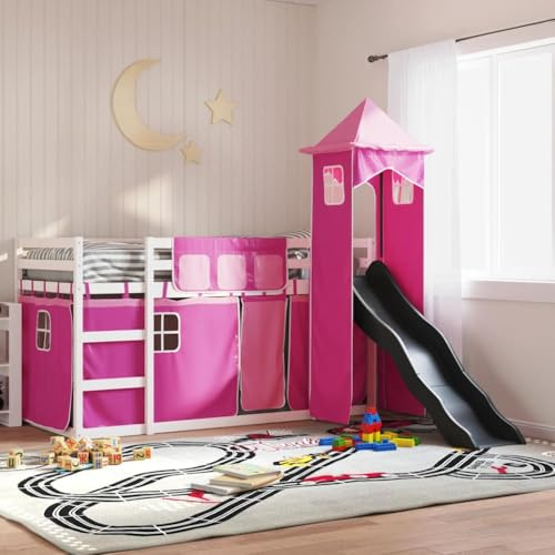 Hoopleep Kinder Hochbett mit Rutsche und Vorhängen, Robustes Massivholz Kiefer Bettgestell, 80x200 cm, Rosa & Anthrazit, mit Absturzsicherung, für Kinderzimmer Spiel & Schlaf