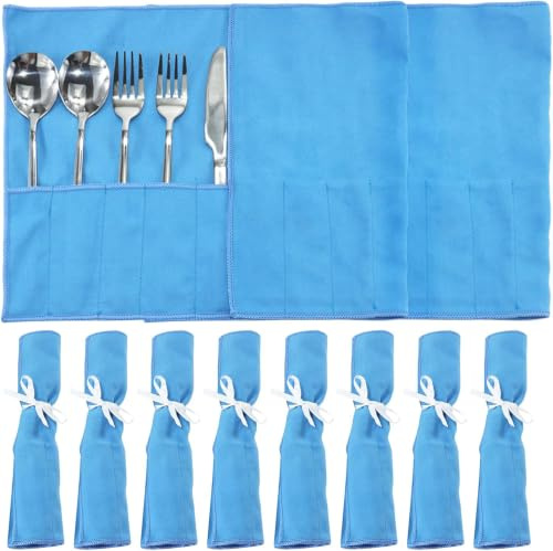 LUSKSk Silberne Aufbewahrungstaschen,Anti-Anlaufschutz,8/10 Stück,Blau | Flanell-Schutzbeutel mit weißem Band,Halter,silberfarbenes Aufbewahrungstuch für Küchen-Teelöffel-Utensilien