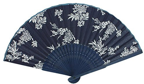 Fat-catz-copy-catz Foldable White Printed Geisha Japanese Chinese Navy Blue Cloth Wood Frame Hand Fan