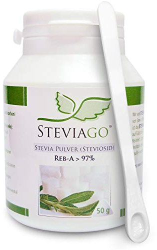 STEVIAGO Stevia Pulver (Steviosid) Extrakt aus 100% Stevia, davon min. 97% Reb-A, 50g, mit Dosierlöffel