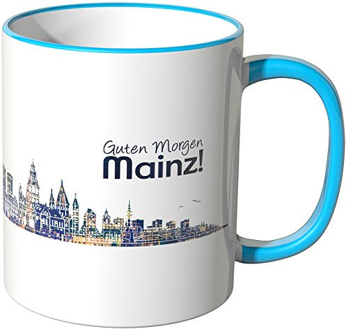 WANDKINGS® Tasse, Schriftzug Guten Morgen Mainz! mit Skyline bei Nacht - BLAU