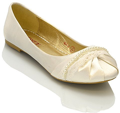 ESSEX GLAM New Womens LACE Pearl Wedding Bridal Ivory White Ballerina Flat Pumps Shoes Size 3 4 5 6 7 8 (UK 7 / EU 40 / US 9, Ivory Satin)