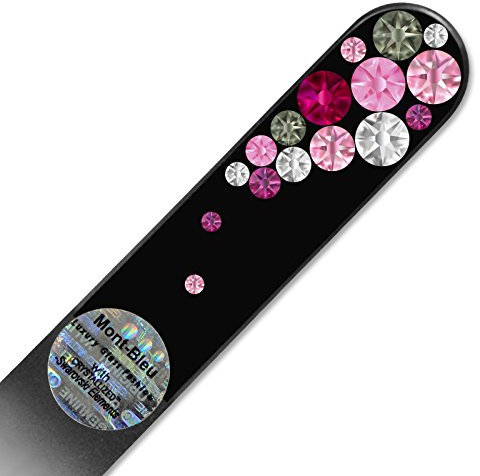 Mont Bleu Lime à ongle en verre ornées à la main de cristaux de Swarovski Elements, pochette en velours noir | Véritable verre trempé tchèque, garantie à vie, Lime à ongles fait main en cristal